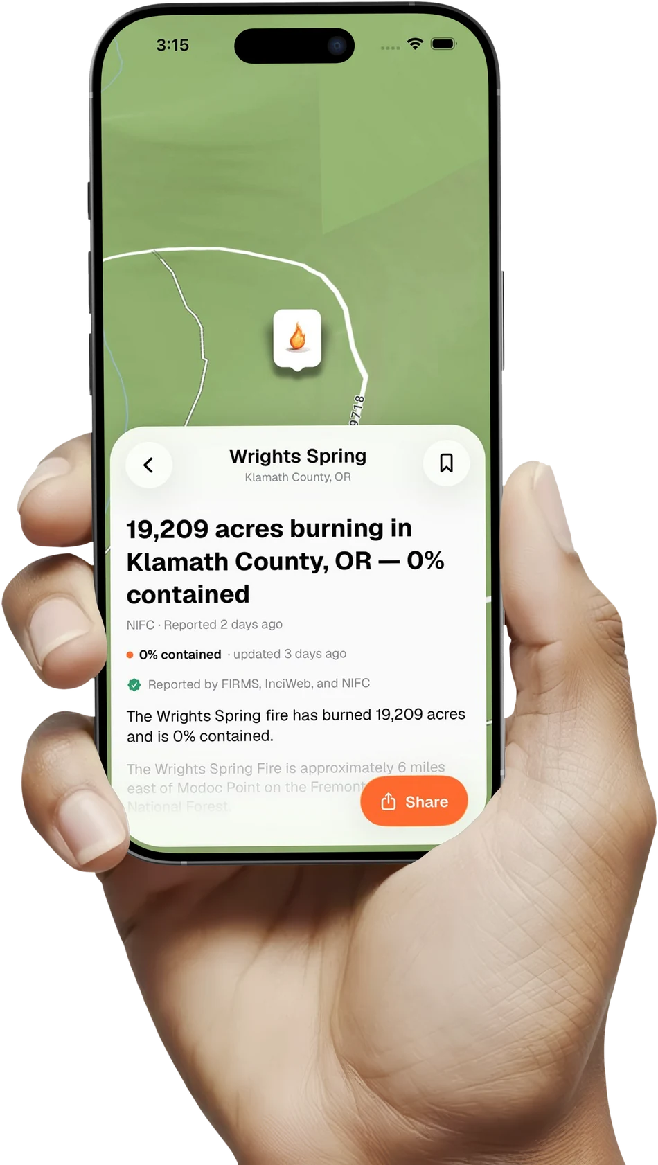 Epicenter showing a live wildfire event near you, held in hand